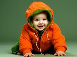 Adorable baby with vibrant clothing in a playful pose AI Generative photo