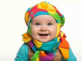 Adorable baby with vibrant clothing in a playful pose AI Generative photo