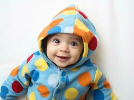 adorable bebé con vibrante ropa en un juguetón actitud ai generativo foto