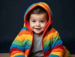 Adorable baby with vibrant clothing in a playful pose AI Generative photo