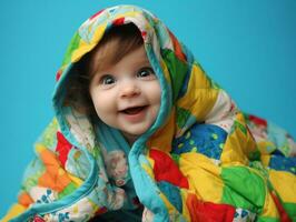 adorable bebé con vibrante ropa en un juguetón actitud ai generativo foto