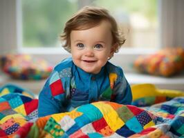 adorable bebé con vibrante ropa en un juguetón actitud ai generativo foto