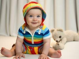 Adorable baby with vibrant clothing in a playful pose AI Generative photo