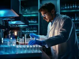 Male scientist conducting experiments in a high tech lab AI Generative photo