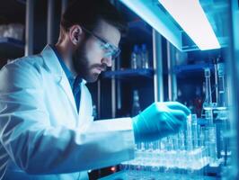 Male scientist conducting experiments in a high tech lab AI Generative photo