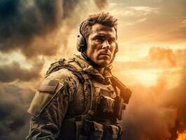 Man serves as a dedicated and fearless soldier AI Generative photo