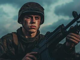 hombre sirve como un dedicado y audaz soldado ai generativo foto