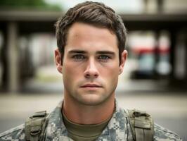 Man serves as a dedicated and fearless soldier AI Generative photo