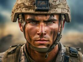 Man serves as a dedicated and fearless soldier AI Generative photo