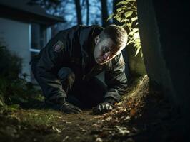 Policeman is meticulously examining the scene for evidence during his investigation AI Generative photo