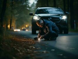 Policeman is meticulously examining the scene for evidence during his investigation AI Generative photo