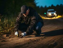 Policeman is meticulously examining the scene for evidence during his investigation AI Generative photo