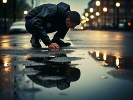 Policeman is meticulously examining the scene for evidence during his investigation AI Generative photo