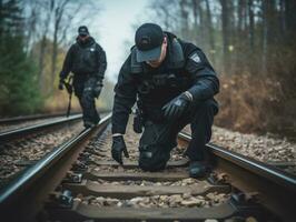 Policeman is meticulously examining the scene for evidence during his investigation AI Generative photo