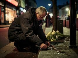 Policeman is meticulously examining the scene for evidence during his investigation AI Generative photo