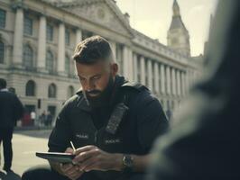 Policeman is meticulously examining the scene for evidence during his investigation AI Generative photo