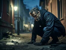 Policeman is meticulously examining the scene for evidence during his investigation AI Generative photo