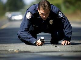 Policeman is meticulously examining the scene for evidence during his investigation AI Generative photo