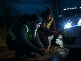 Policeman is meticulously examining the scene for evidence during his investigation AI Generative photo