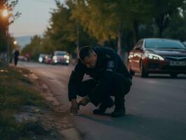 policía es meticulosamente examinando el escena para evidencia durante su investigación ai generativo foto