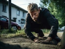 Policeman is meticulously examining the scene for evidence during his investigation AI Generative photo