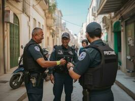 policía es meticulosamente examinando el escena para evidencia durante su investigación ai generativo foto