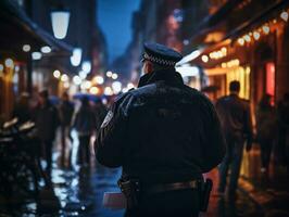 Policeman is meticulously examining the scene for evidence during his investigation AI Generative photo