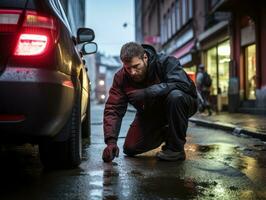 Policeman is meticulously examining the scene for evidence during his investigation AI Generative photo