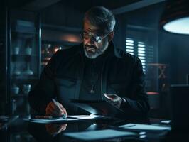 Policeman is meticulously examining the scene for evidence during his investigation AI Generative photo