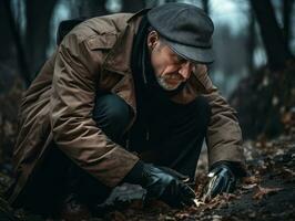 Policeman is meticulously examining the scene for evidence during his investigation AI Generative photo