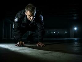 Policeman is meticulously examining the scene for evidence during his investigation AI Generative photo