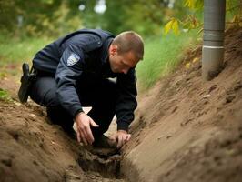 Policeman is meticulously examining the scene for evidence during his investigation AI Generative photo