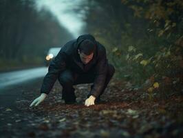 Policeman is meticulously examining the scene for evidence during his investigation AI Generative photo