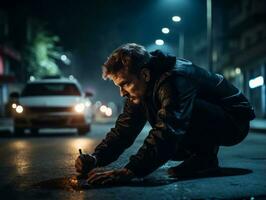 Policeman is meticulously examining the scene for evidence during his investigation AI Generative photo