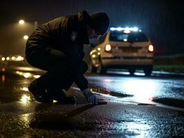 Policeman is meticulously examining the scene for evidence during his investigation AI Generative photo