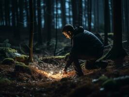 Policeman is meticulously examining the scene for evidence during his investigation AI Generative photo