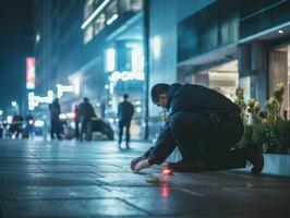 Policeman is meticulously examining the scene for evidence during his investigation AI Generative photo