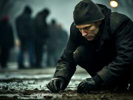 Policeman is meticulously examining the scene for evidence during his investigation AI Generative photo