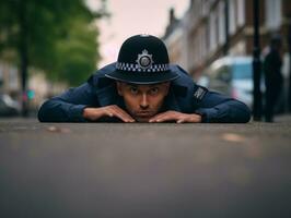 Policeman is meticulously examining the scene for evidence during his investigation AI Generative photo