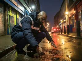 Policeman is meticulously examining the scene for evidence during his investigation AI Generative photo