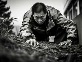 Policeman is meticulously examining the scene for evidence during his investigation AI Generative photo