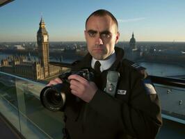 Policeman is meticulously examining the scene for evidence during his investigation AI Generative photo