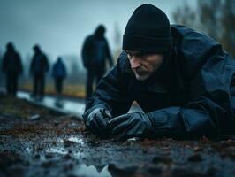 Policeman is meticulously examining the scene for evidence during his investigation AI Generative photo