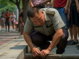 Policeman is meticulously examining the scene for evidence during his investigation AI Generative photo