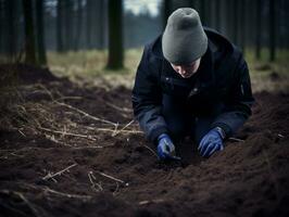 Policeman is meticulously examining the scene for evidence during his investigation AI Generative photo