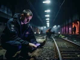 Policeman is meticulously examining the scene for evidence during his investigation AI Generative photo