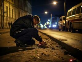 Policeman is meticulously examining the scene for evidence during his investigation AI Generative photo