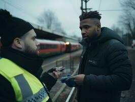 Policeman is meticulously examining the scene for evidence during his investigation AI Generative photo