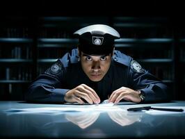 Policeman is meticulously examining the scene for evidence during his investigation AI Generative photo