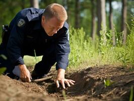 Policeman is meticulously examining the scene for evidence during his investigation AI Generative photo